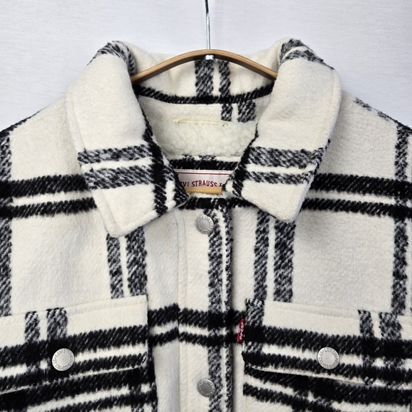 Levi's Women's Wool Blend Sherpa Plaid Lined Long Shacket Size Large - Picture 4 of 14